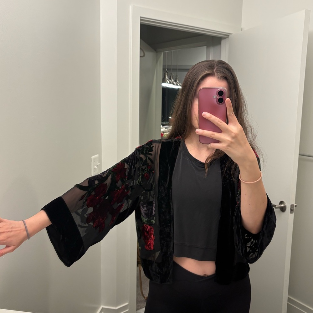 Vintage silk velvet sheer burnout flare sleeve open kimono small - Picture 11 of 12